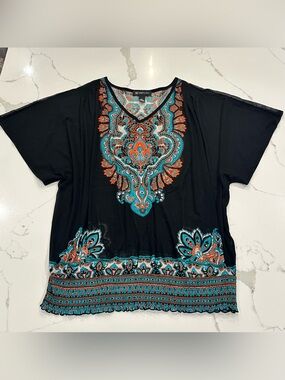 INC International Concepts Black Tunic Top with Turquoise & Orange Embroidery